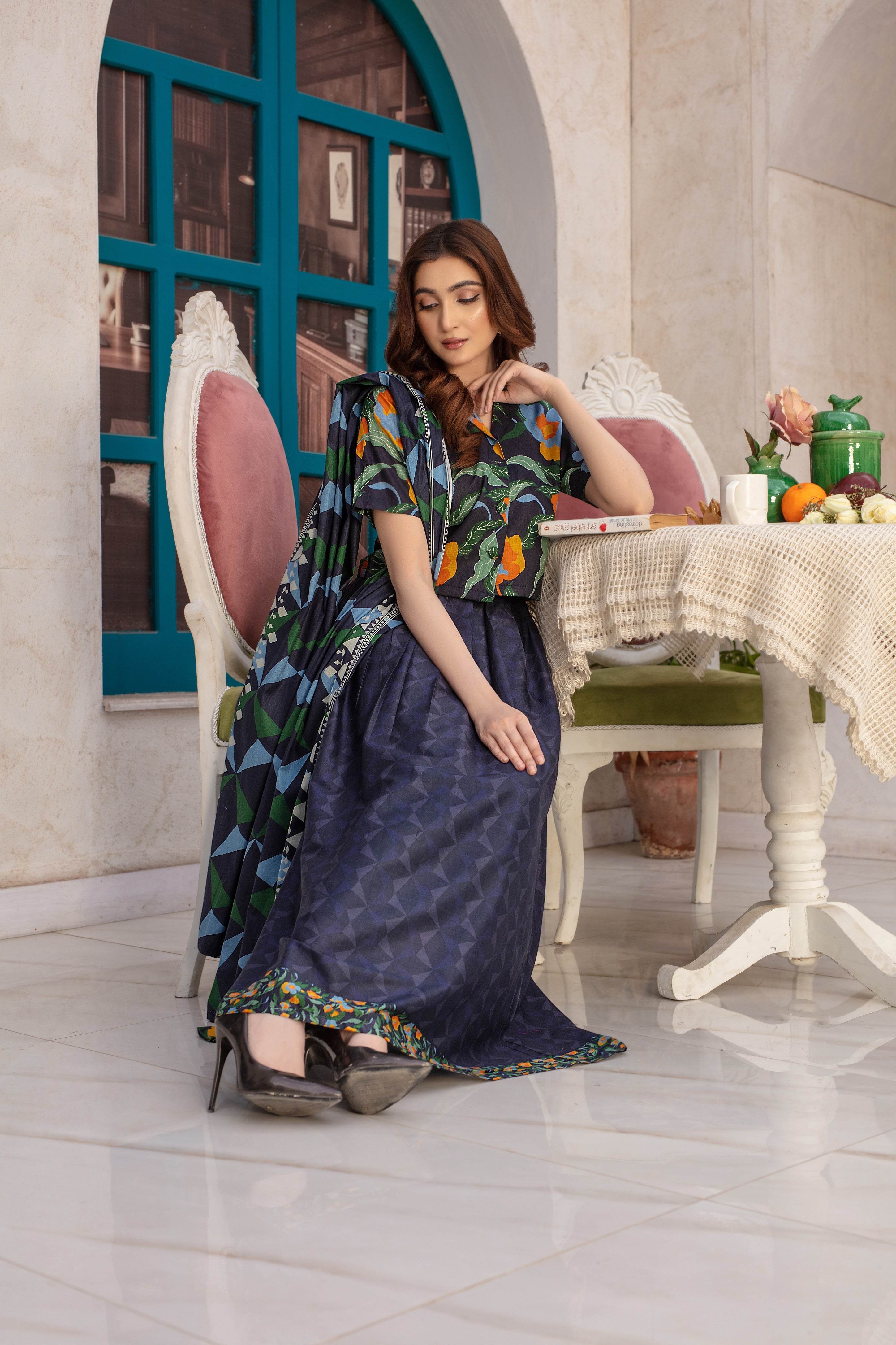 Dreamscape- 03 Piece Unstitched Digital Print with Lawn Dupatta - Ayzal Minal