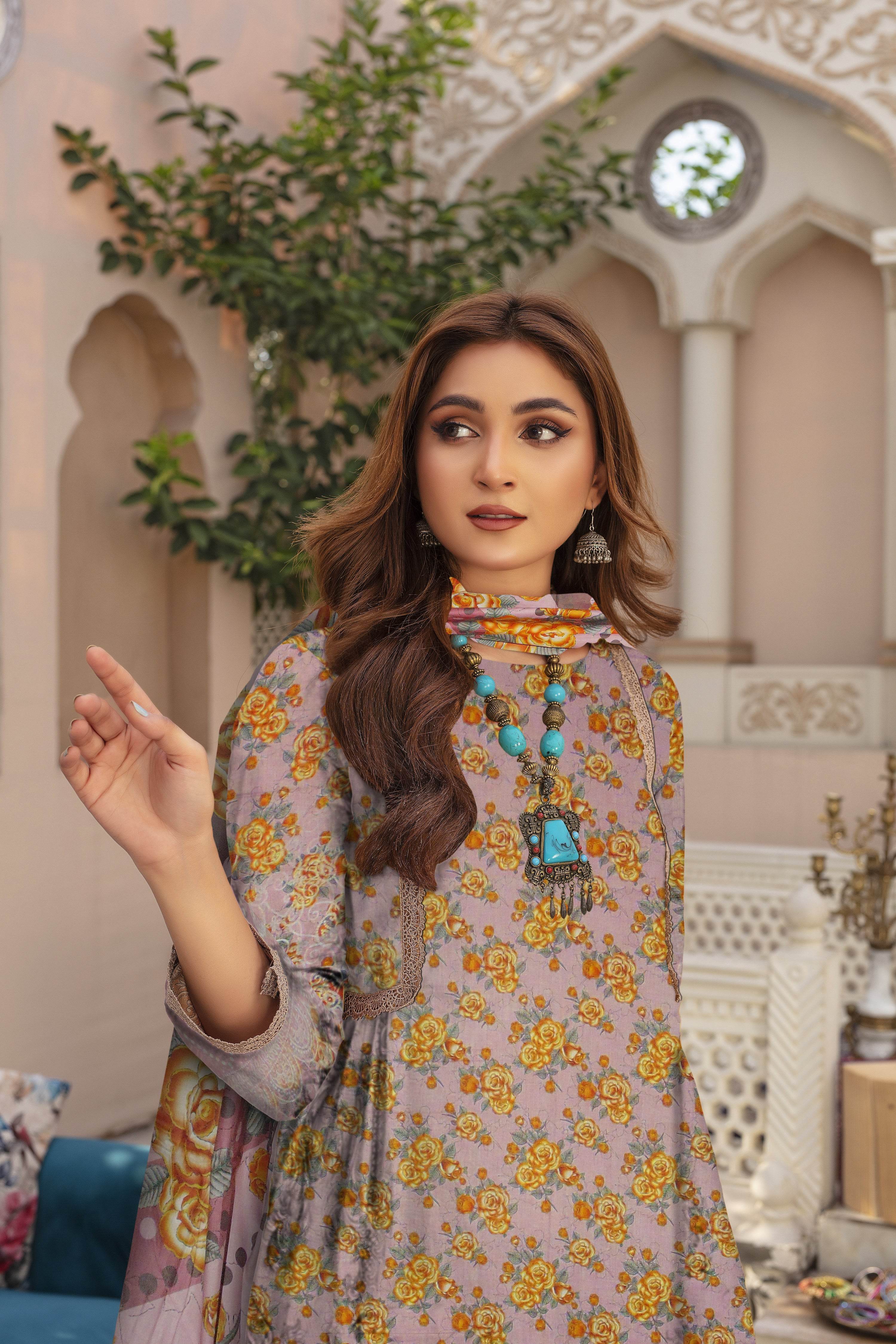 Grace - 03 Piece Unstitched Digital Print with Lawn Dupatta - Ayzal Minal