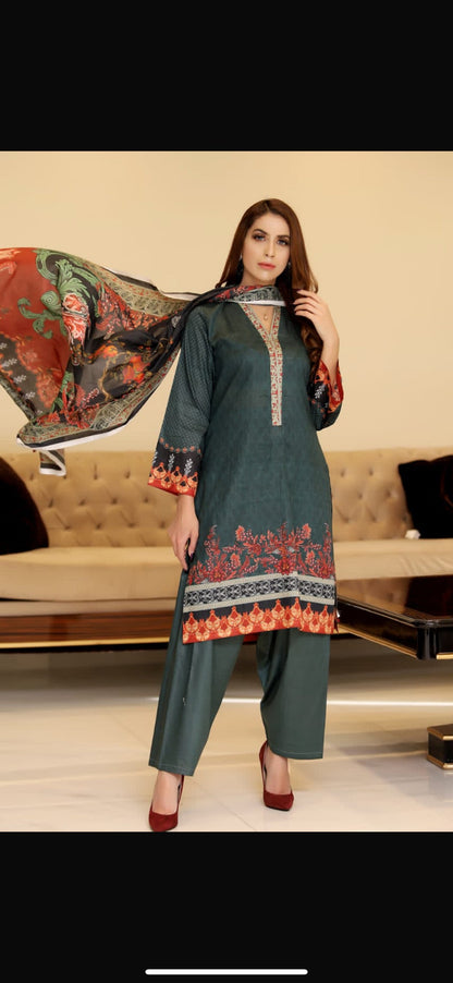 Verdure – Unstitched 3-Piece Digital Print Suit with Embroidered Neckline and Cotton (Lawn) Dupatta