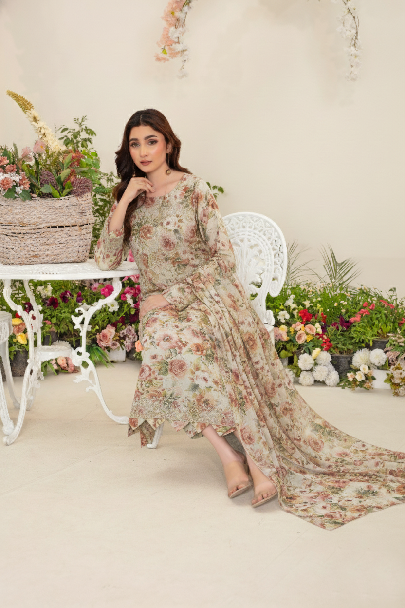 Ashen-03 قطعة خدار طباعة رقمية غير مخيطة مع وشاح خدار