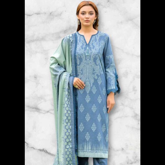 زويا - طقم من 3 قطع غير مخيطة بطبعة رقمية مع شال من قماش اللان 