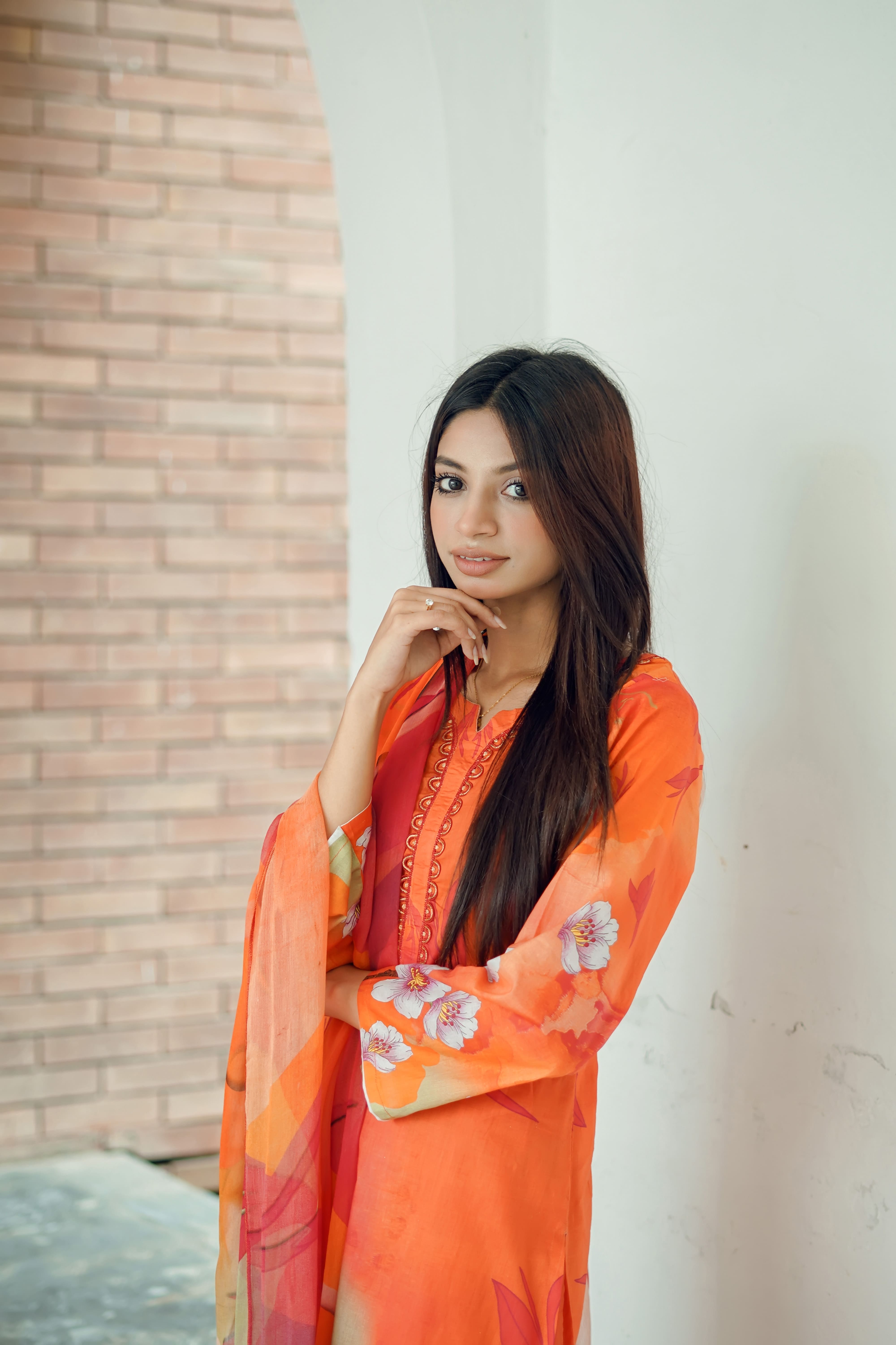 Tangerine Tranquility - 03 Piece Unstitched Digital Print with Bamber Dupatta