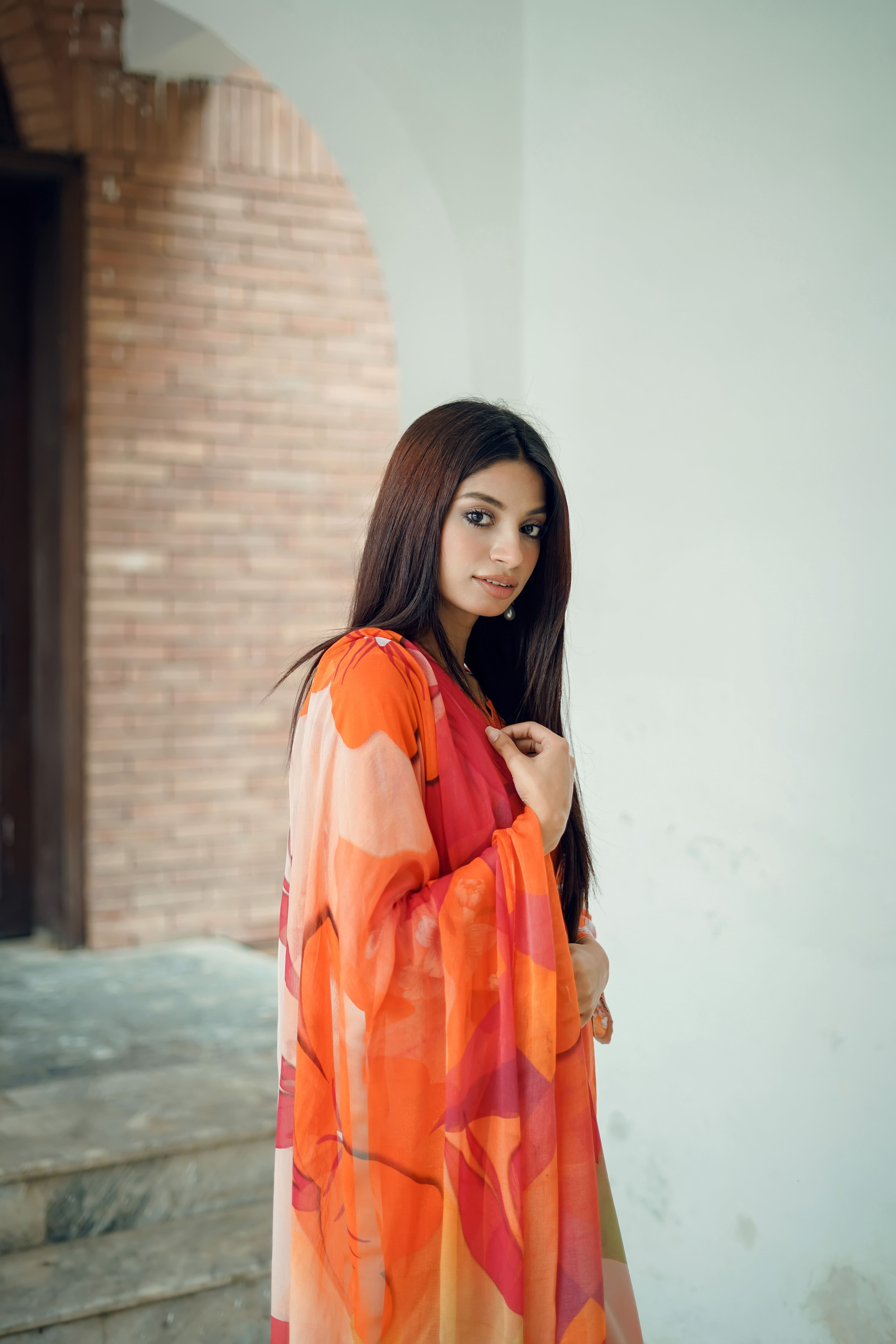 Tangerine Tranquility - 03 Piece Unstitched Digital Print with Bamber Dupatta