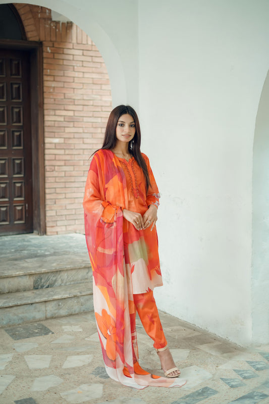 Tangerine Tranquility - 03 Piece Unstitched Digital Print with Bamber Dupatta
