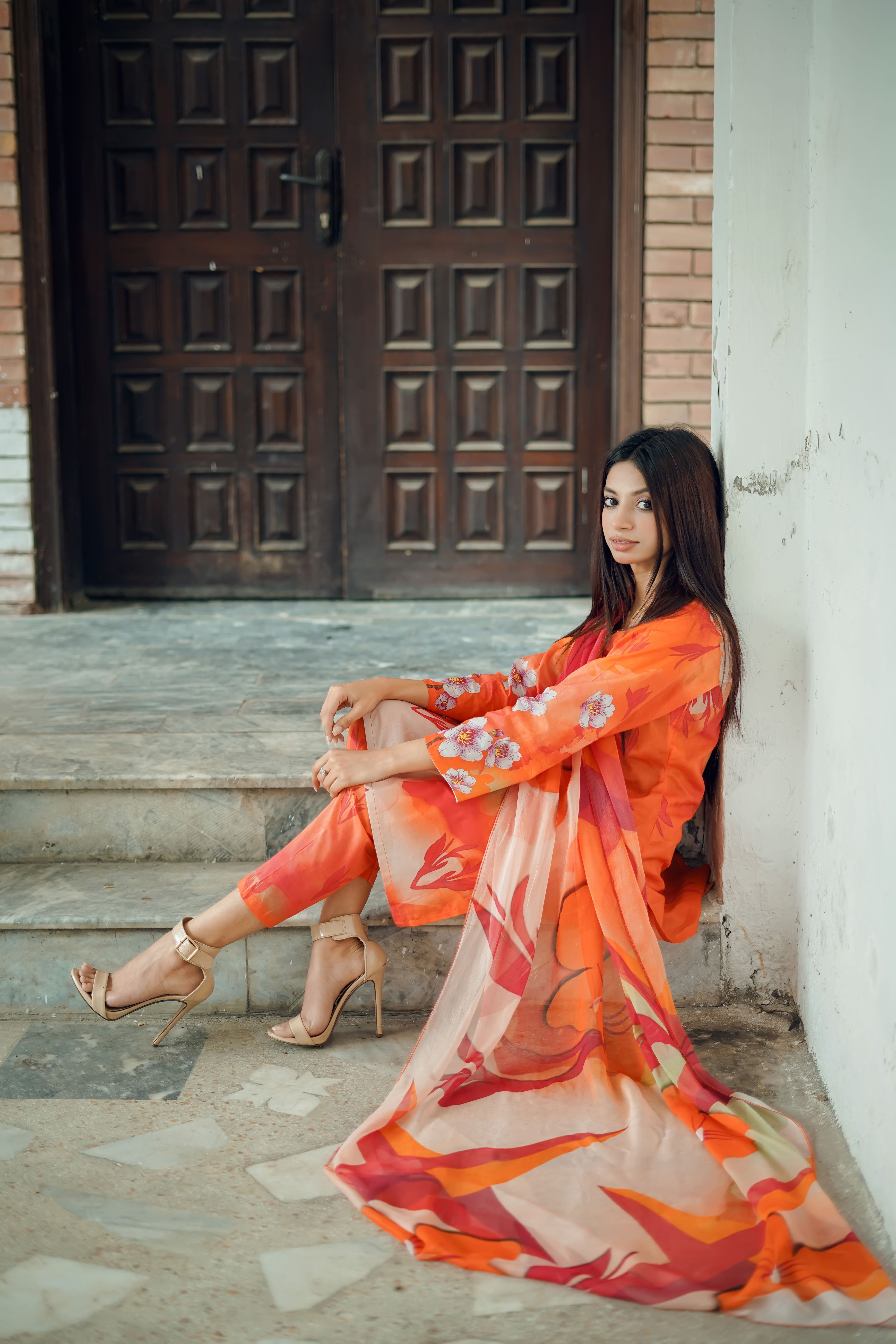 Tangerine Tranquility - 03 Piece Unstitched Digital Print with Bamber Dupatta