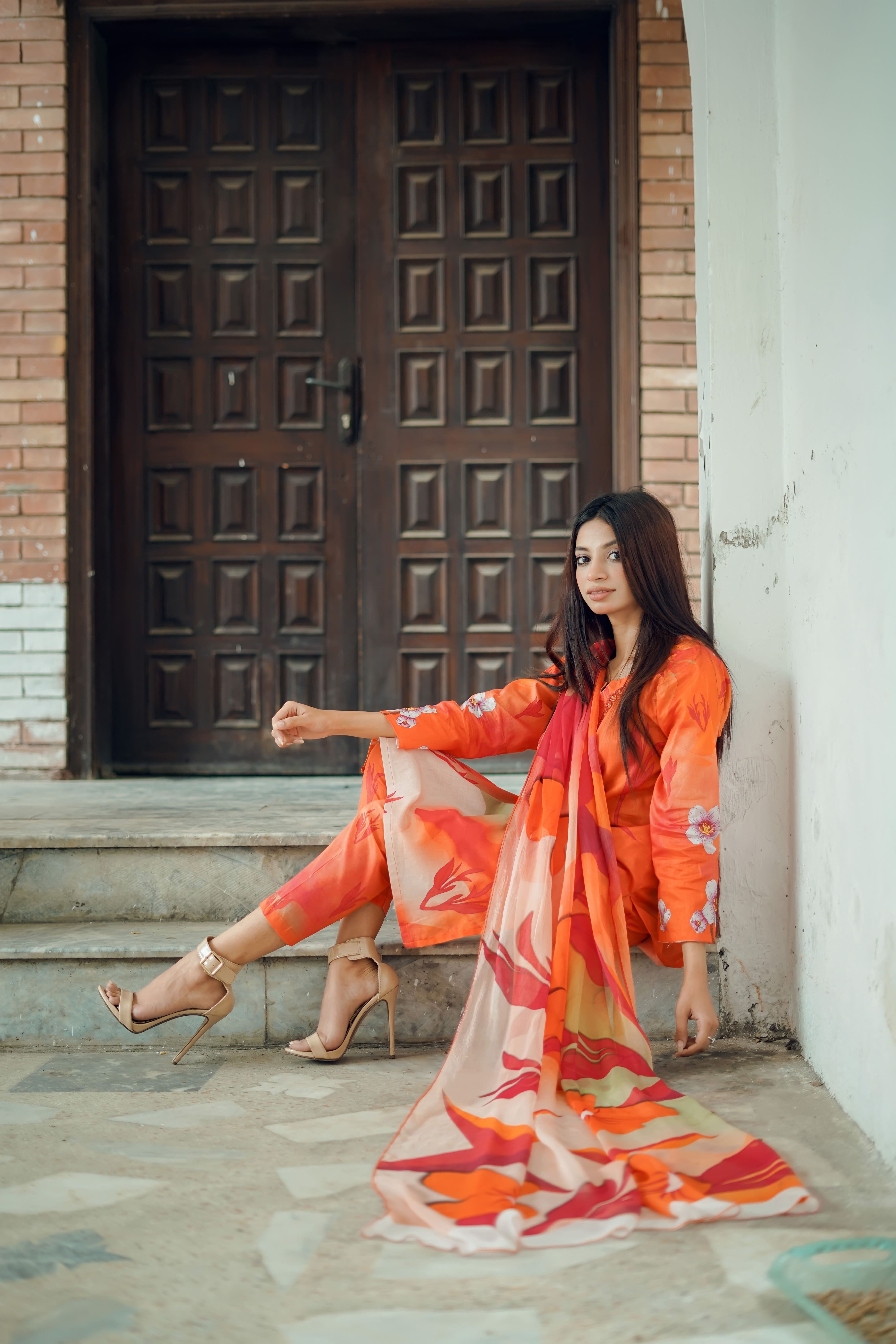 Tangerine Tranquility - 03 Piece Unstitched Digital Print with Bamber Dupatta