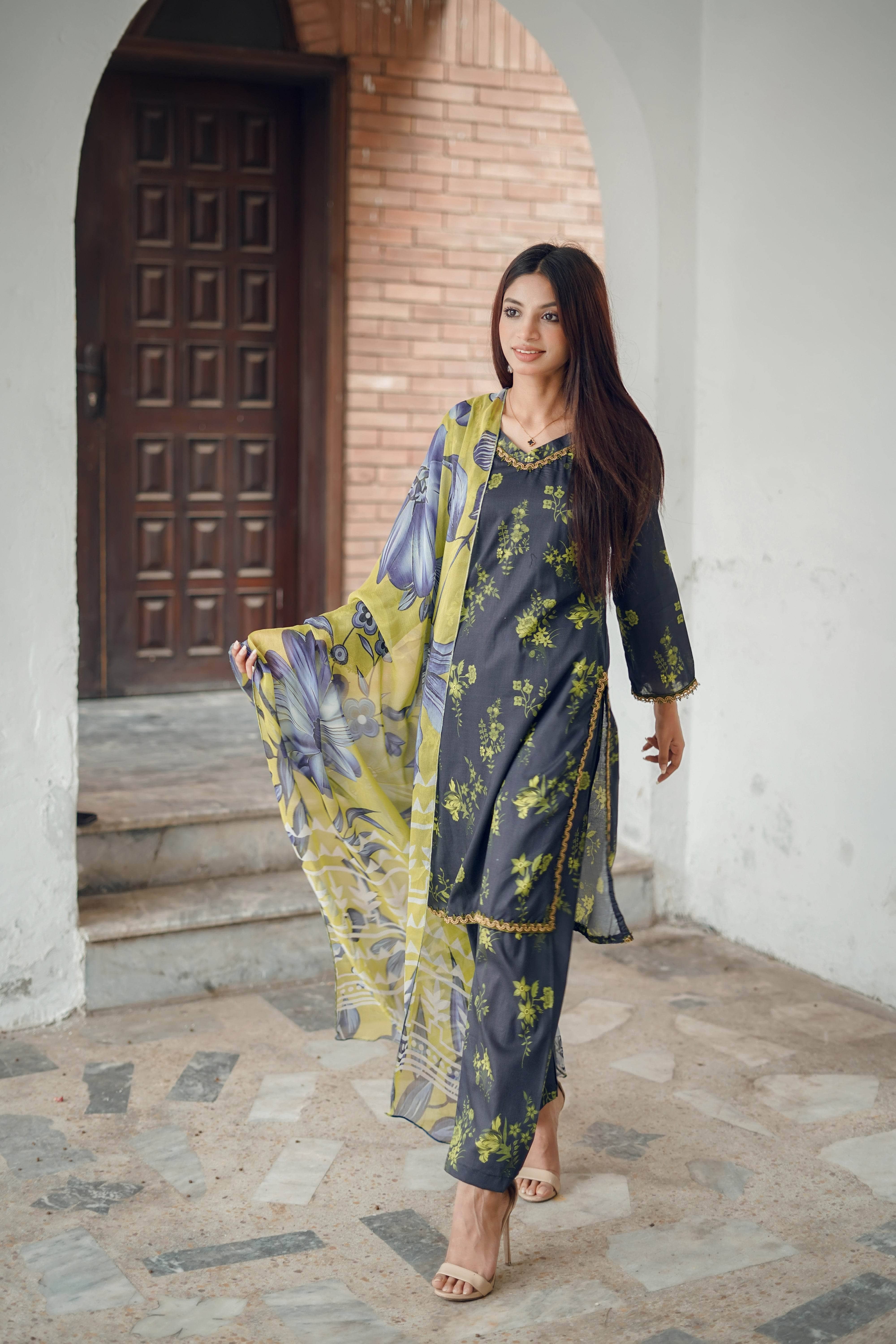 Lemon Blossom - 03 Piece Unstitched Digital Print with Bamber Dupatta