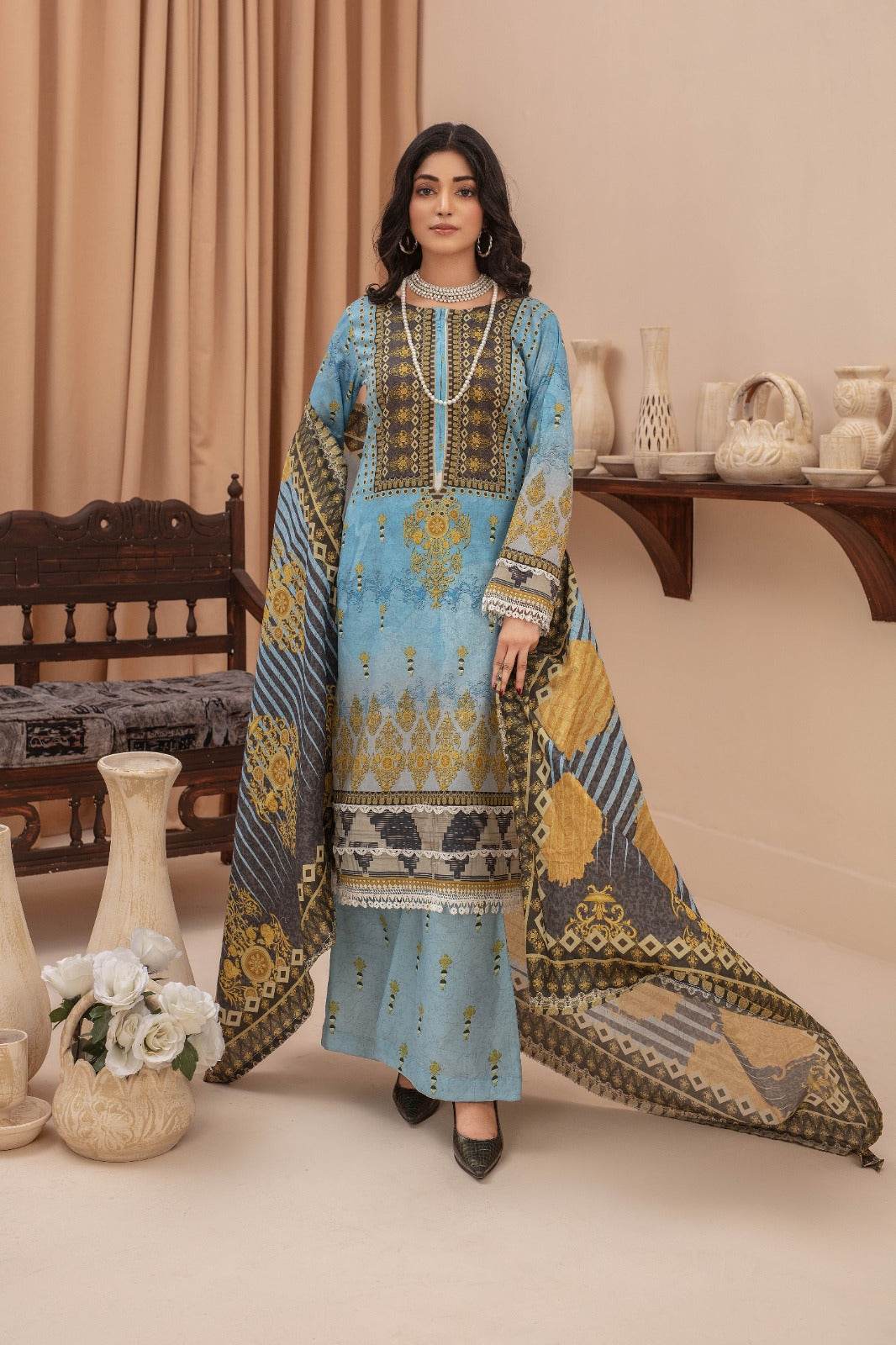 Azure - 03 Piece Unstitched Digital Print with Lawn Dupatta - Ayzal Minal