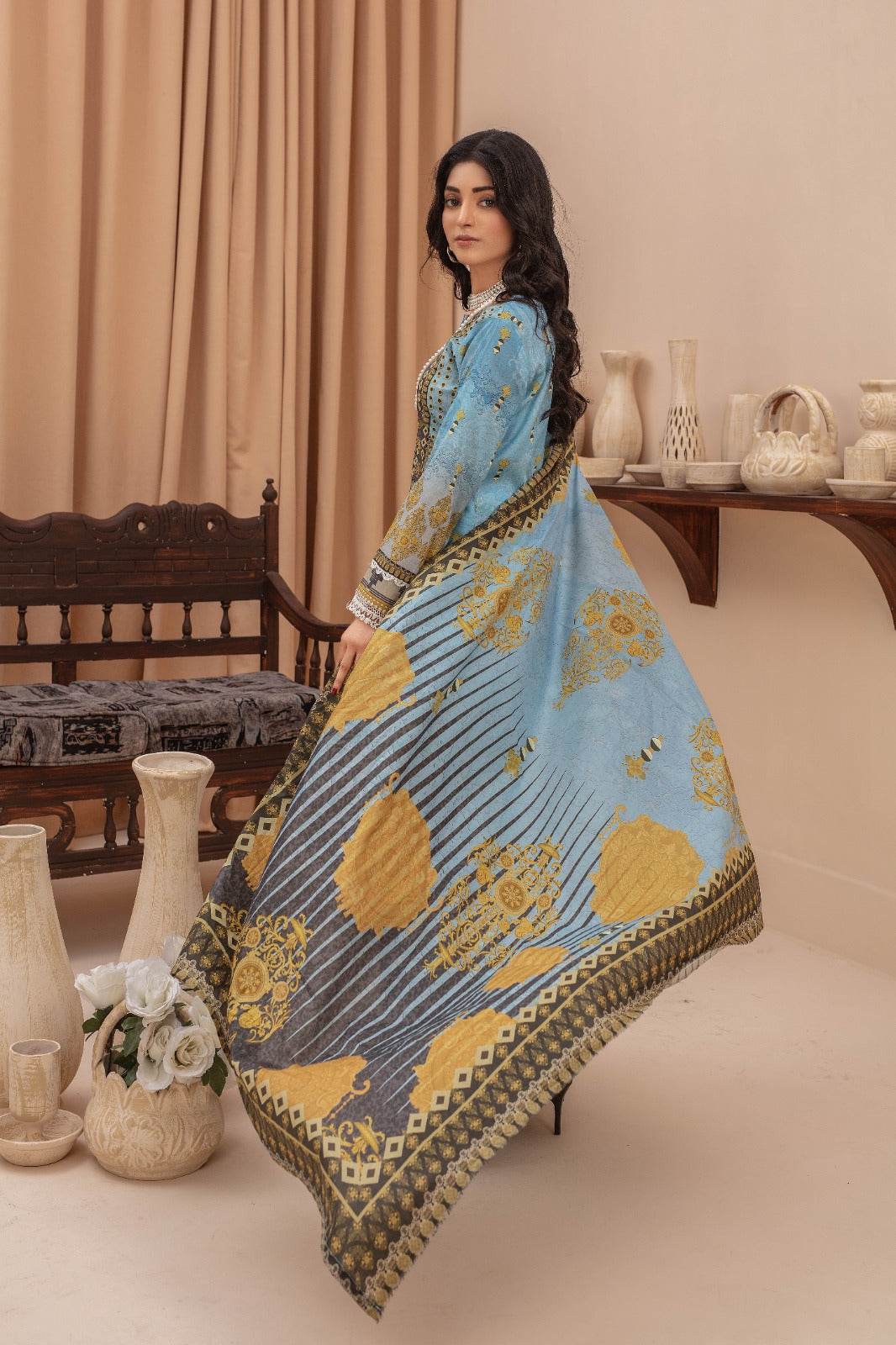 Azure - 03 Piece Unstitched Digital Print with Lawn Dupatta - Ayzal Minal