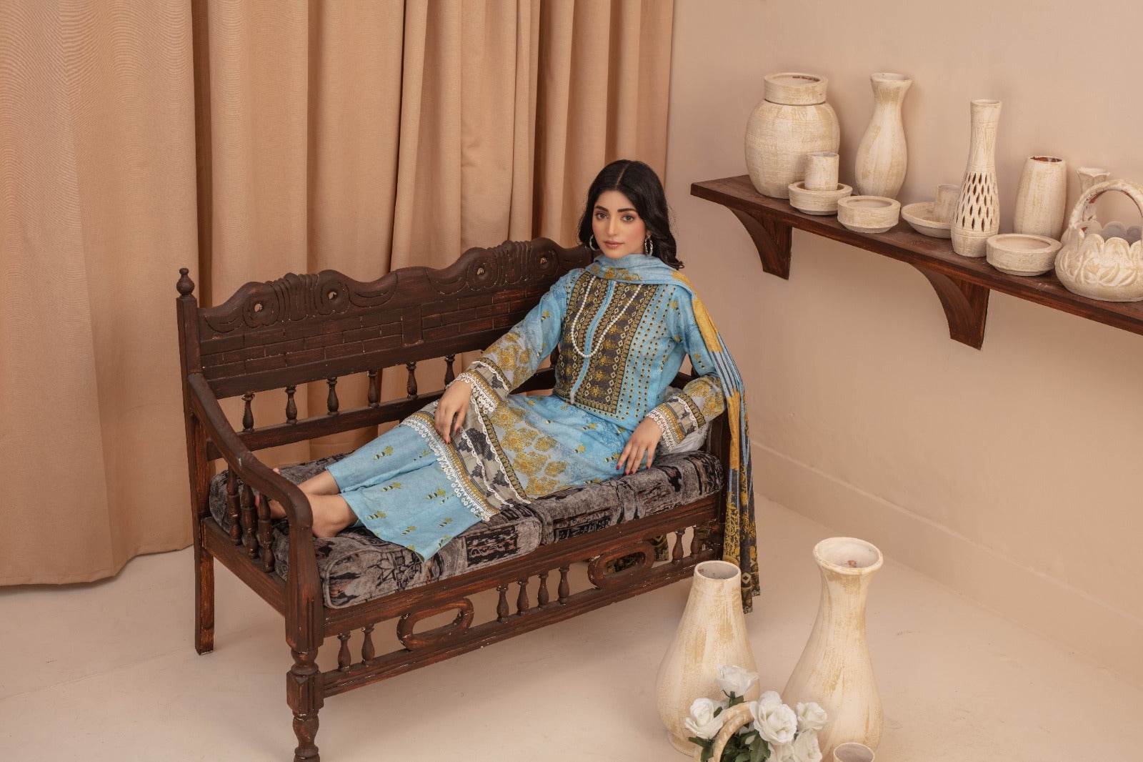 Azure - 03 Piece Unstitched Digital Print with Lawn Dupatta - Ayzal Minal