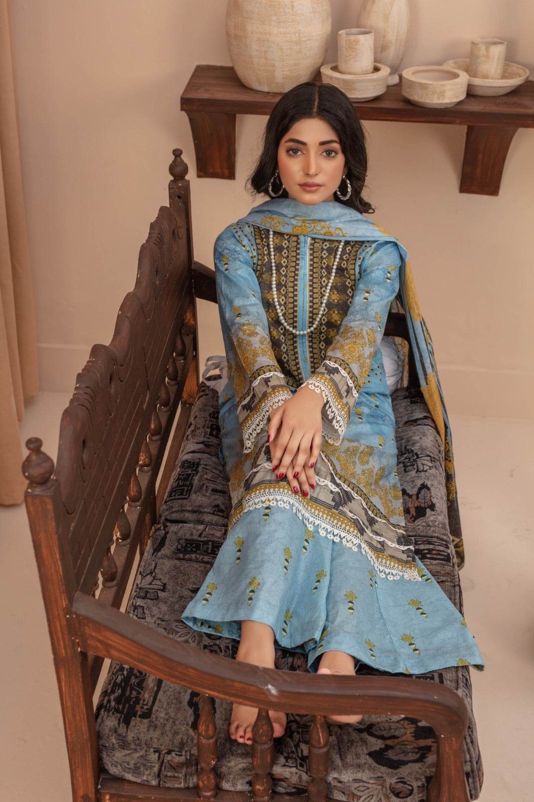 Azure - 03 Piece Unstitched Digital Print with Lawn Dupatta - Ayzal Minal