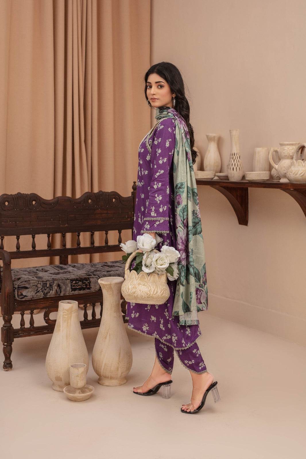Iris - 03 Piece Unstitched Digital Print with Lawn Dupatta - Ayzal Minal