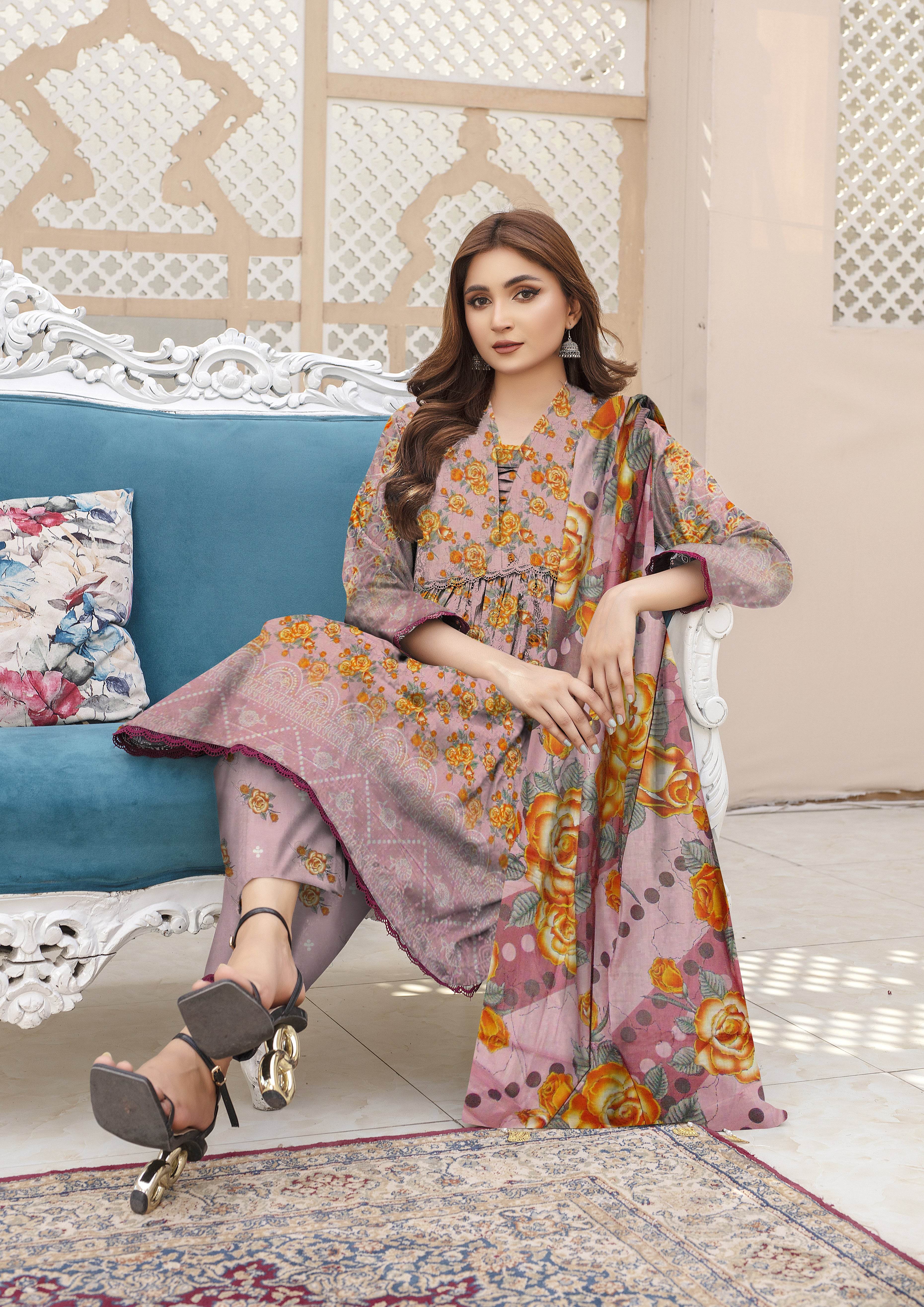 Grace - 03 Piece Unstitched Digital Print with Lawn Dupatta - Ayzal Minal